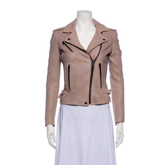 IRO Authentic Solid Beige Lamb Leather Long Sleeve Motorcycle Jacket 34 Xs - Picture 1 of 8